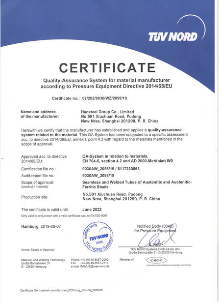 China Shanghai Haosteel Co., Limited certification